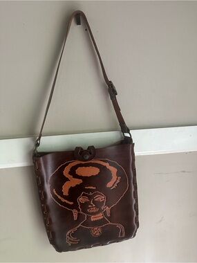 WABAGS Handcrafted Brown Leather Shoulder Bag with Afro Art